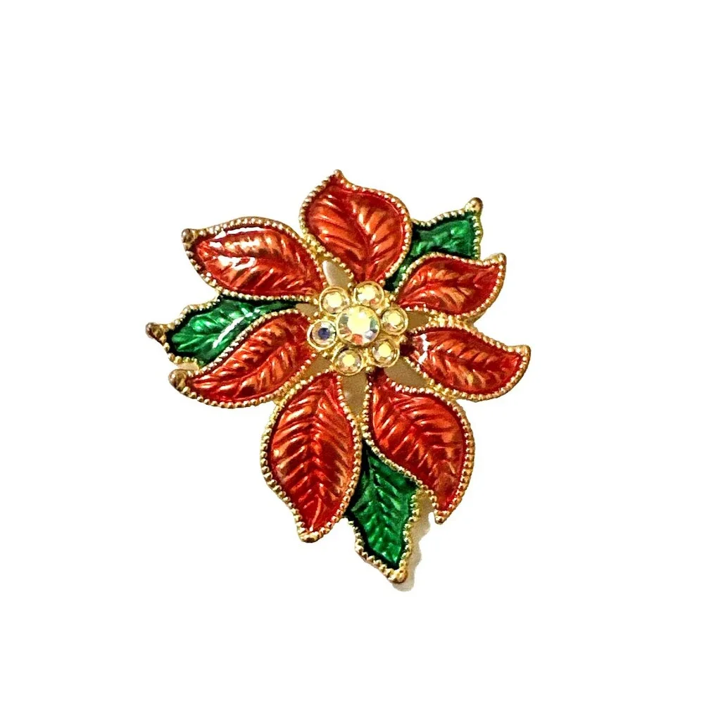 Vintage TC POINSETTIA Brooch Christmas Red Green Enamel 1.75